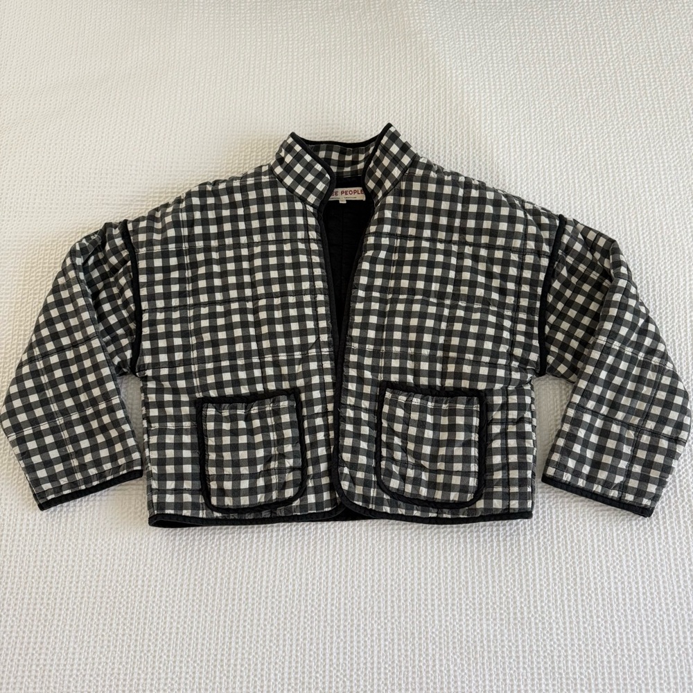 Free People Chloe Quilted Gingnam Jacket - Black and White